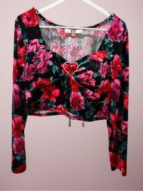 NYC Heart-Ring Floral Long Sleeve Crop Top - Pink & Red